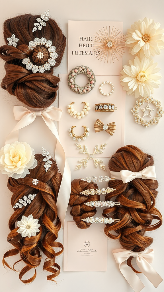 An array of elegant hair accessories and hairstyles for bridesmaids, featuring floral and sparkling elements.