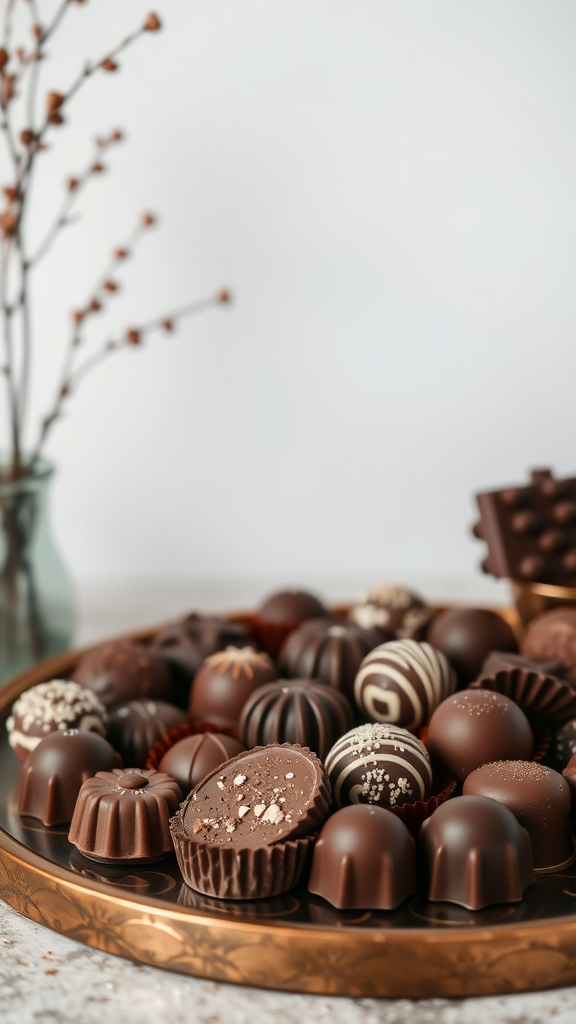 A beautifully arranged platter of artisan chocolates with different shapes and designs.