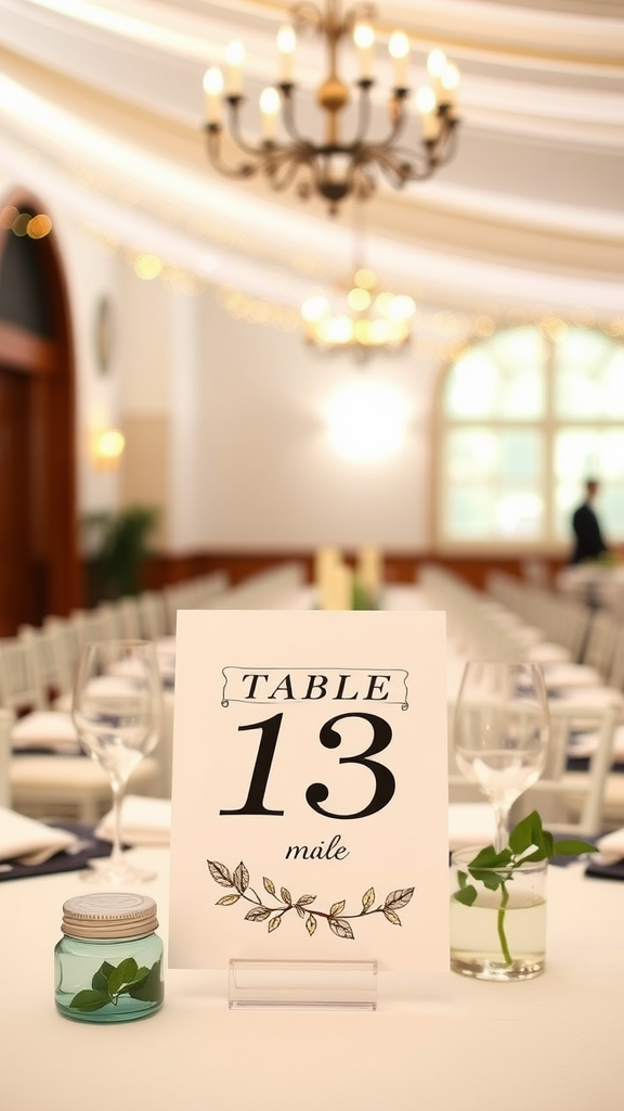 Stylish wedding table displaying 'TABLE 13' number sign and decorative greenery.