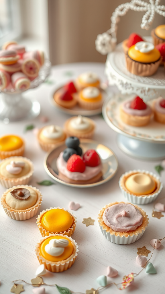 A beautiful assortment of mini pastries and tarts on a wedding dessert table.