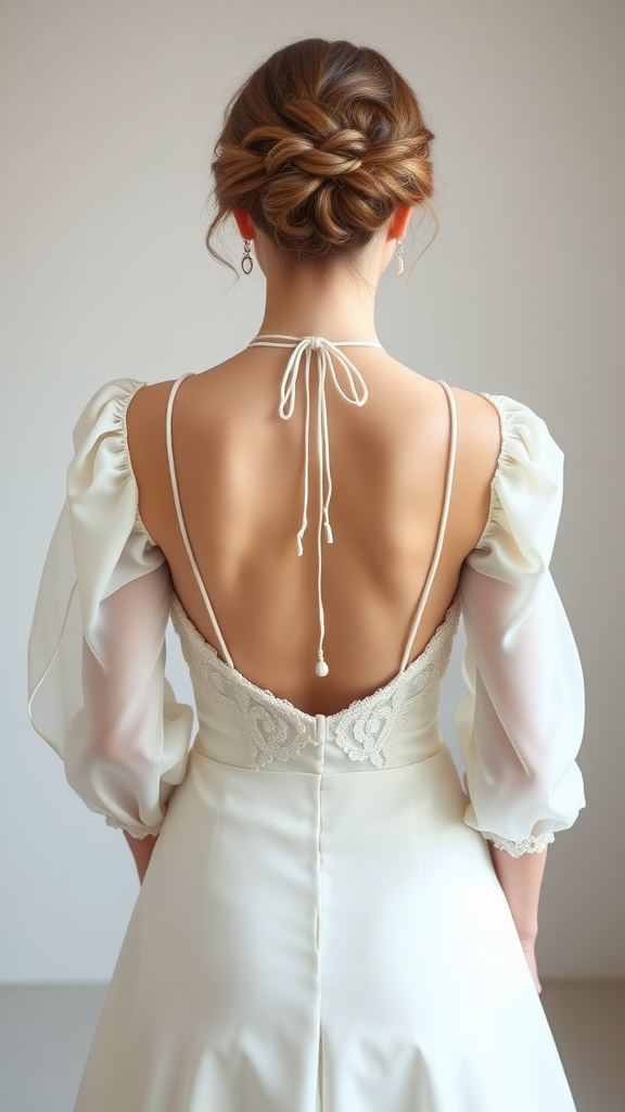 A bride showing off a stylish backless blouse with puffy sleeves and lace details.