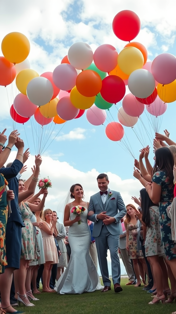 A couple celebrating their wedding exit with colorful balloons as guests cheer