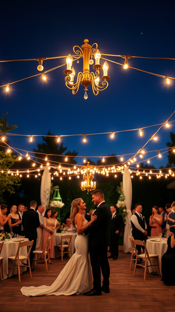 A couple dances under bistro lights at a wedding reception.