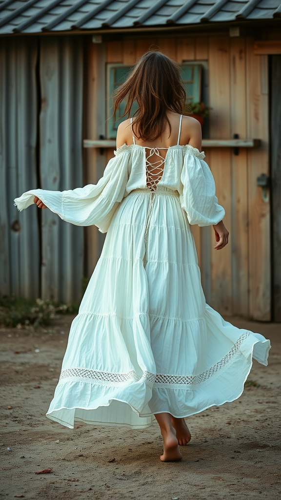 A woman wearing a bohemian-inspired white maxi dress, walking barefoot in a casual outdoor setting.