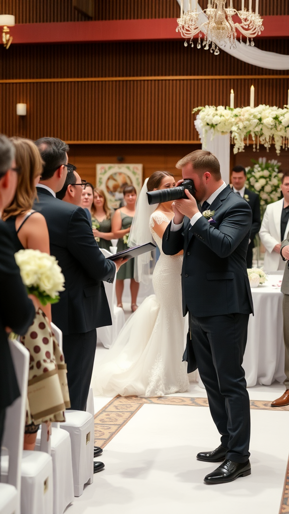 A photographer capturing a wedding ceremony with guests in attendance.