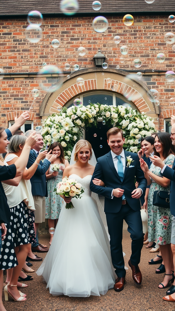 A bride and groom leaving their wedding ceremony with bubbles floating around them, surrounded by smiling guests.