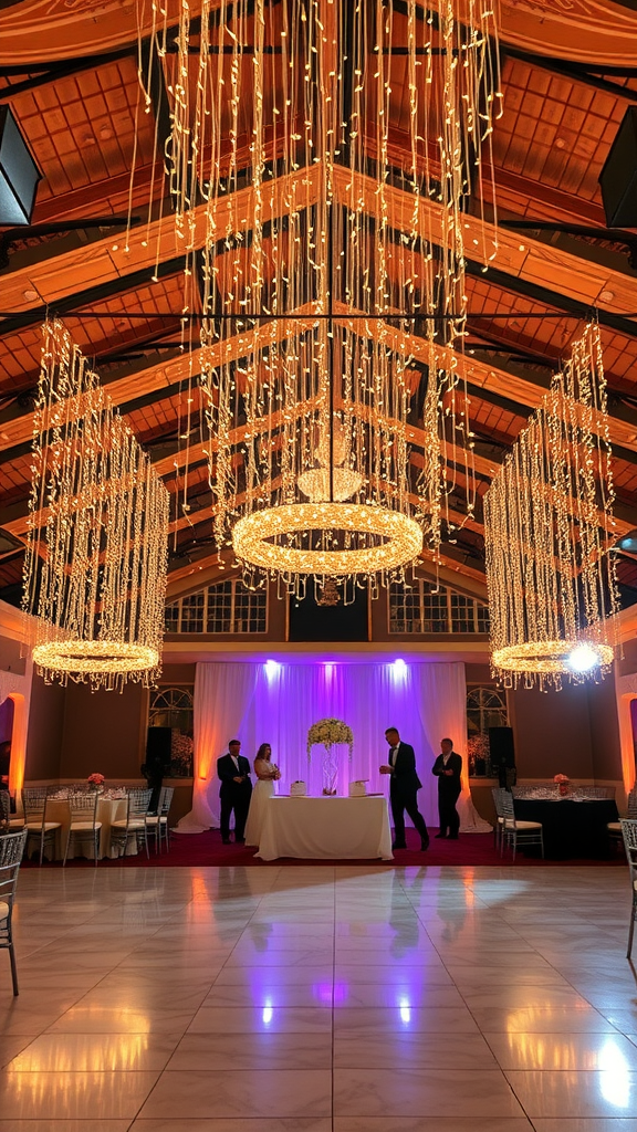 A wedding venue decorated with cascading string lights and chandeliers, creating a warm and inviting atmosphere.