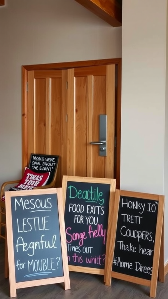 Chalkboard signs with playful messages for a wedding exit.