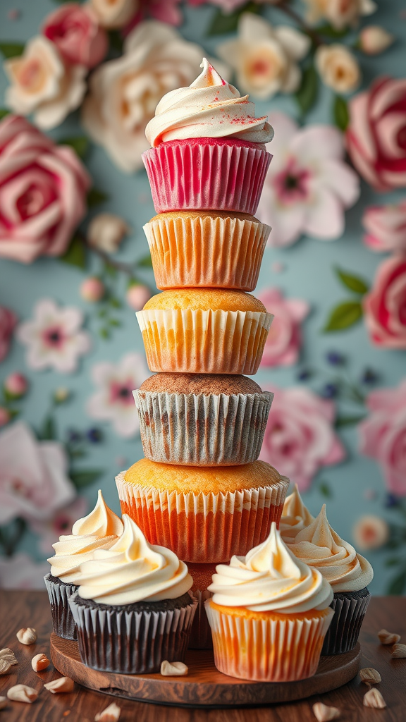 A vibrant cupcake tower with various flavors and swirls of frosting, set against a floral backdrop.