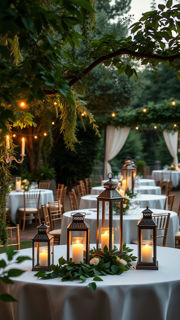 Elegant lanterns on tables with candles, surrounded by greenery for an outdoor wedding celebration.