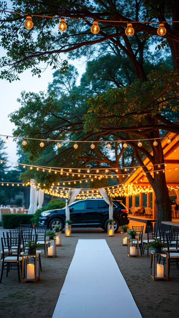 Outdoor wedding venue decorated with string lights overhead, creating a warm and inviting atmosphere.