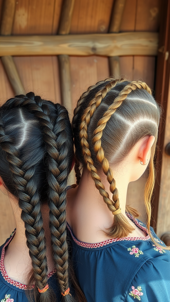 Two bridesmaid braided hairstyles showcasing blonde and black braids.