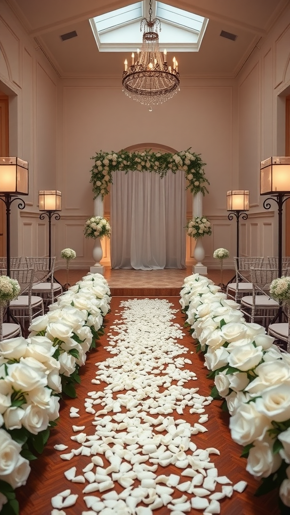 A wedding aisle decorated with white rose petals and white roses on either side, leading to an elegant backdrop.