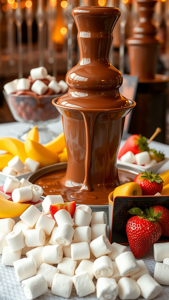 A chocolate fountain surrounded by fresh fruit and marshmallows on a wedding dessert table.