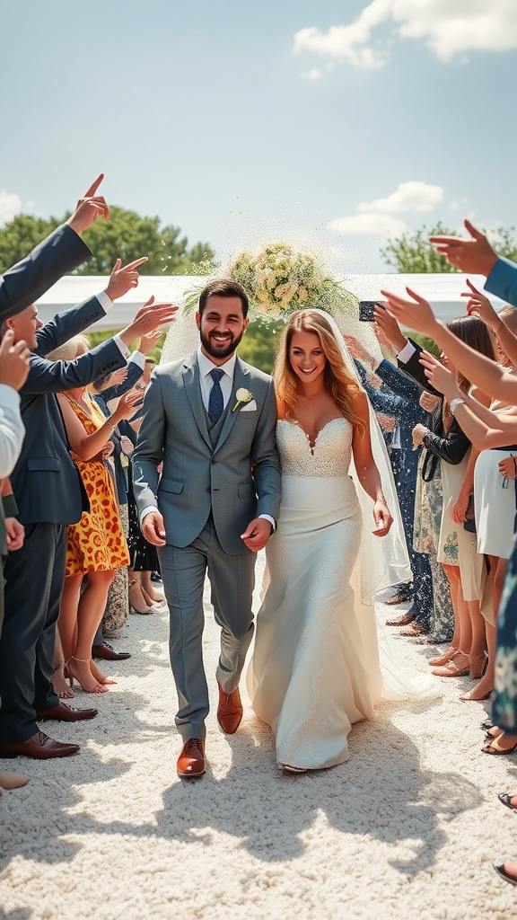 A joyful wedding exit with a couple walking through a rice toss surrounded by guests.