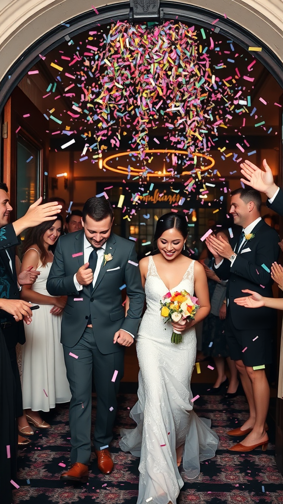 Newlyweds exit a venue under a shower of colorful confetti, surrounded by cheering guests.