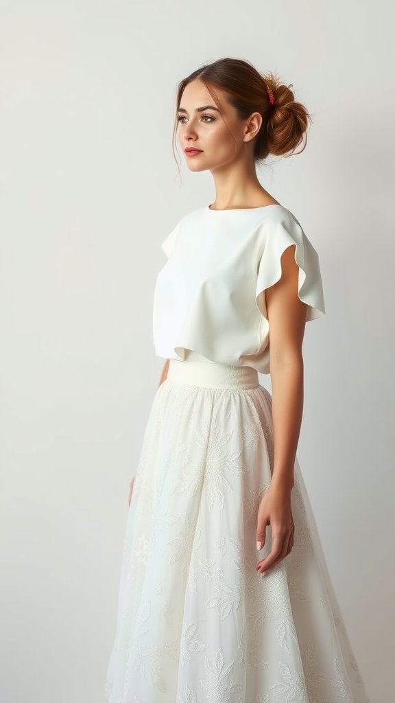 Model wearing a white wedding blouse with cap sleeves and a full embroidered skirt.