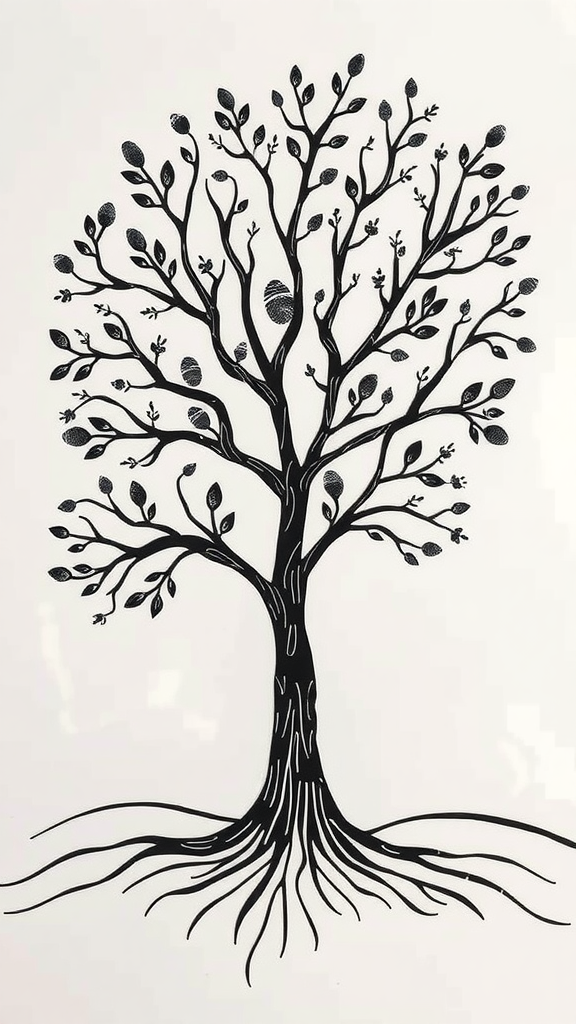 A decorative tree silhouette with leaves and roots, representing a fingerprint guest book idea.