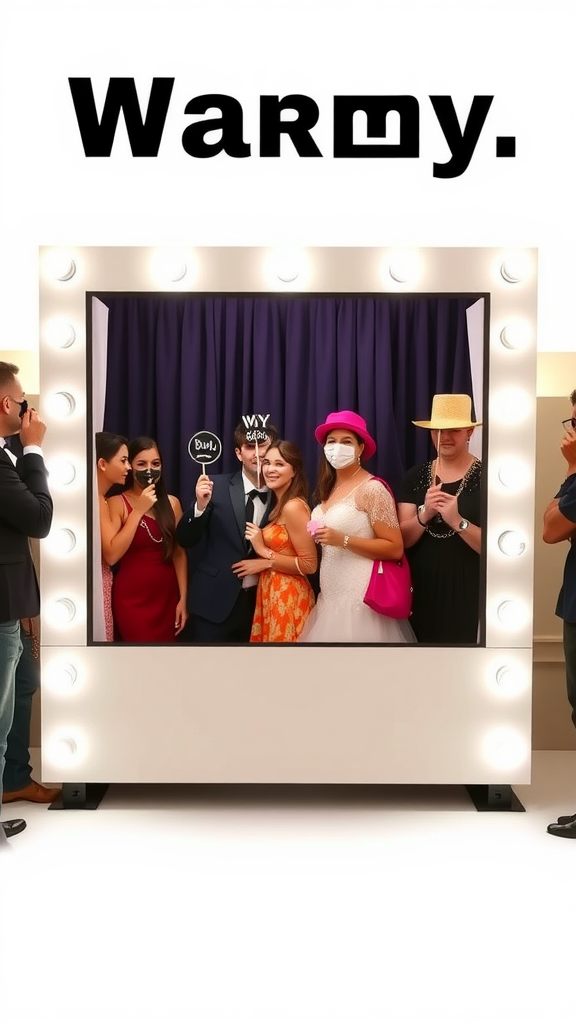 A group of wedding guests having fun at a photo booth, holding props and posing together.