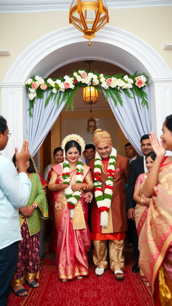 A couple in traditional attire stepping out of a doorway, surrounded by family and friends celebrating their wedding.