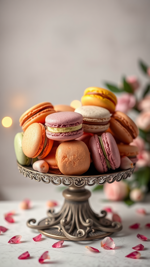 A beautiful selection of colorful macarons arranged on an ornate stand, surrounded by rose petals.