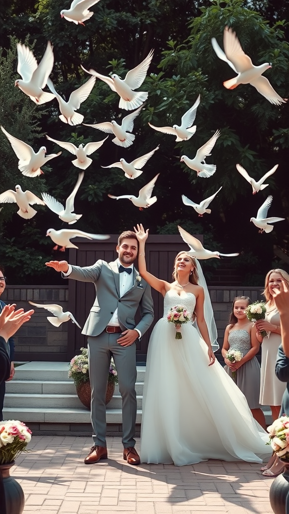 A couple joyfully releasing doves at their wedding, surrounded by guests.