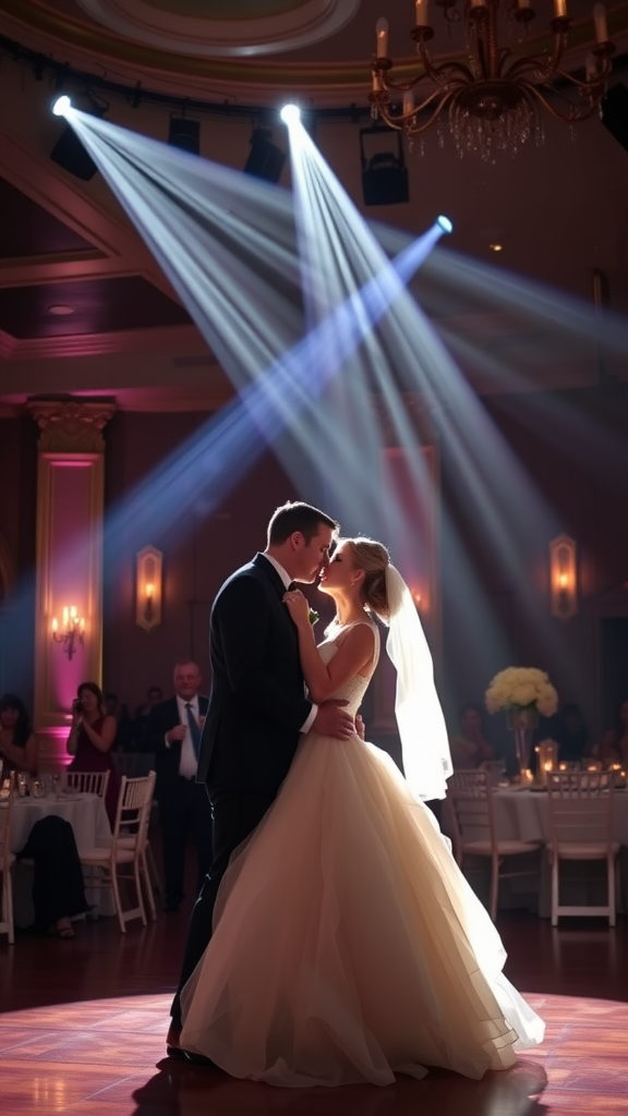 Couple dancing under dramatic spotlights at their wedding reception.