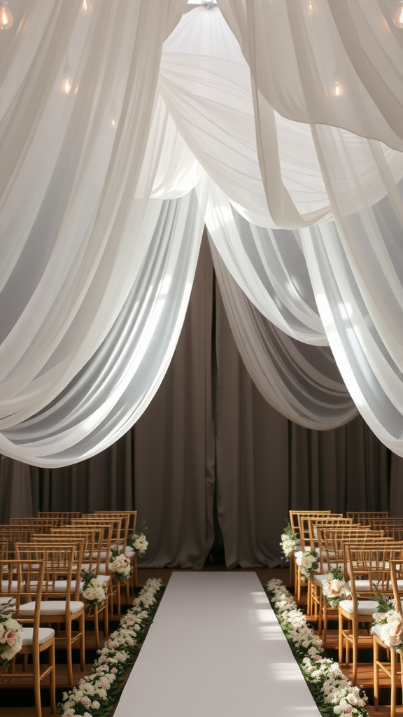 An elegantly decorated indoor wedding aisle featuring draped fabric above and floral arrangements along the sides.