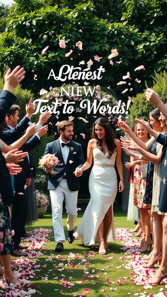 A joyful couple walking through a shower of flower petals tossed by guests at their wedding.