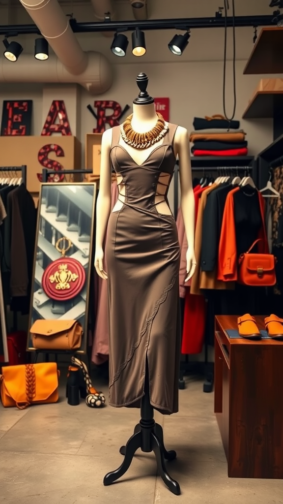 Edgy cut-out dress displayed on a mannequin in a stylish boutique.