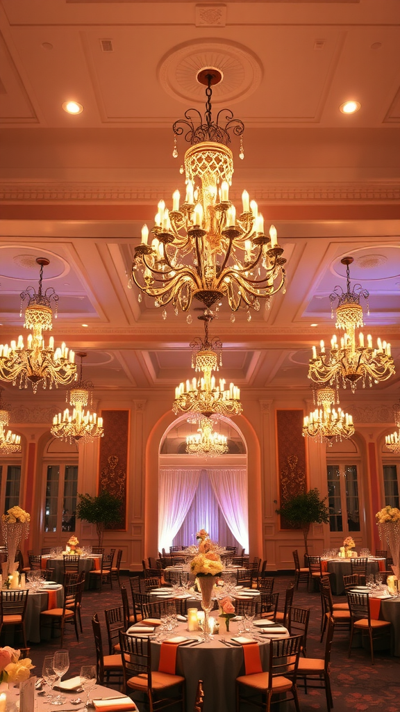 Elegant wedding venue with chandeliers illuminating the space