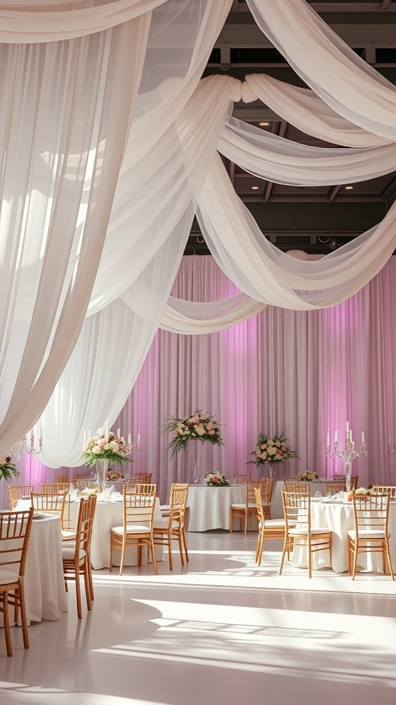 A beautifully decorated wedding venue with draped white fabrics hanging from the ceiling and elegant tables set for a celebration.