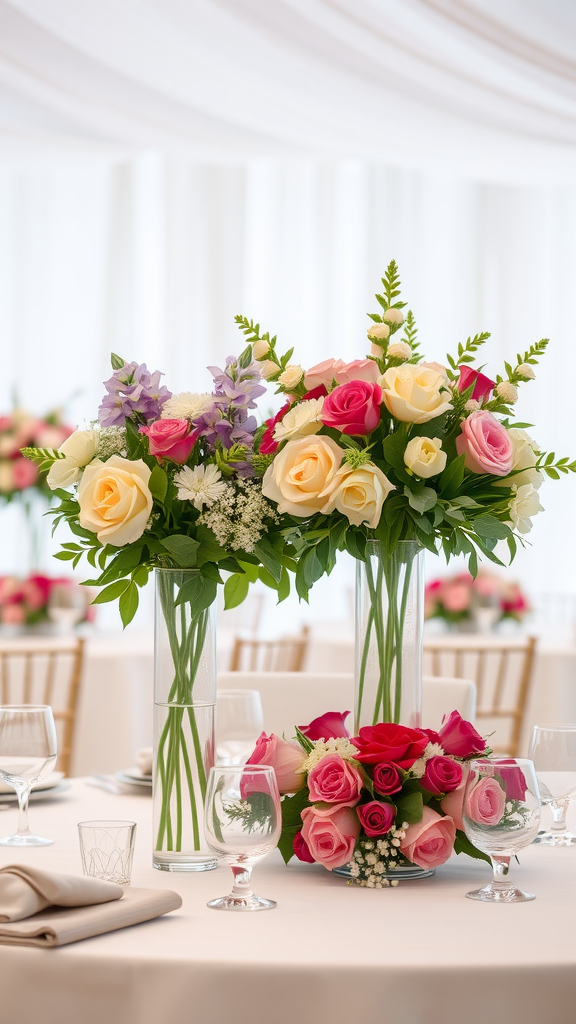 Beautiful floral arrangements as wedding centerpieces with roses and greenery.