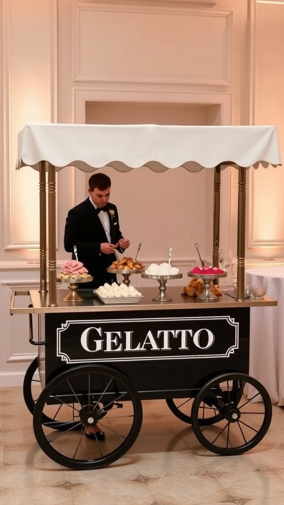 A stylish gelato cart at a wedding with a man serving gelato.