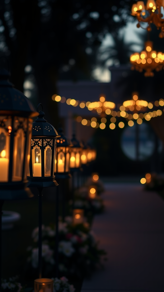 A beautifully decorated wedding aisle with lanterns and soft lighting.