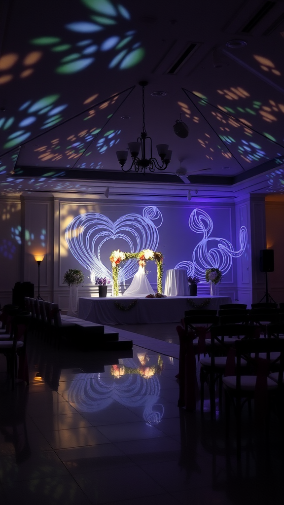 Colorful light projections creating floral patterns on the walls of a wedding venue.