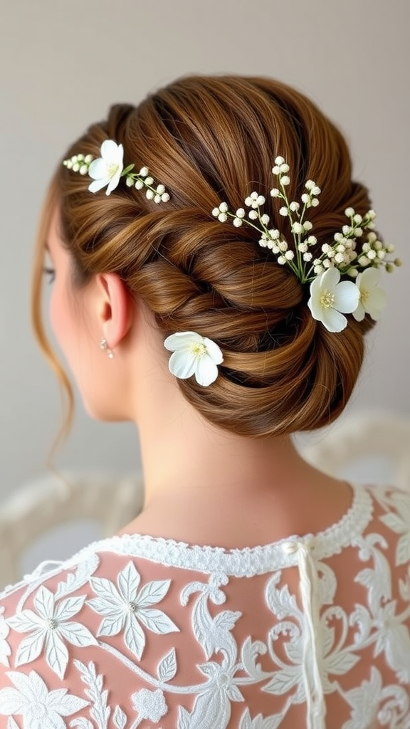 A beautifully styled updo with flowers, ideal for bridesmaids at a formal wedding.