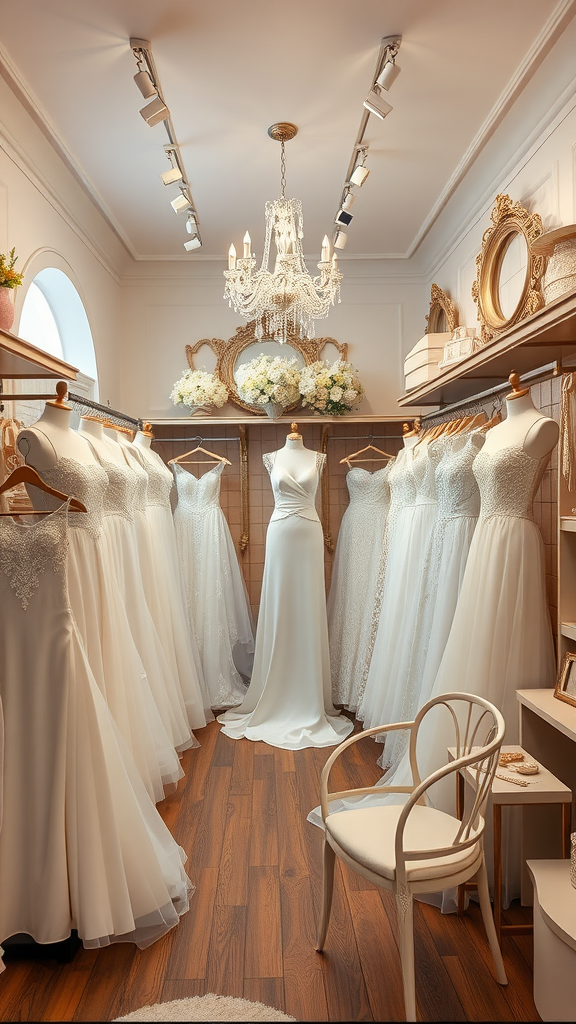 A bridal shop displaying various elegant wedding dresses