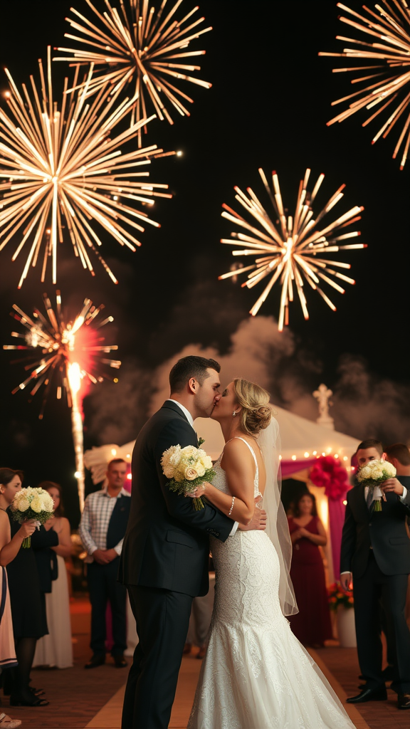 A couple sharing a kiss under a vibrant fireworks display during their wedding.