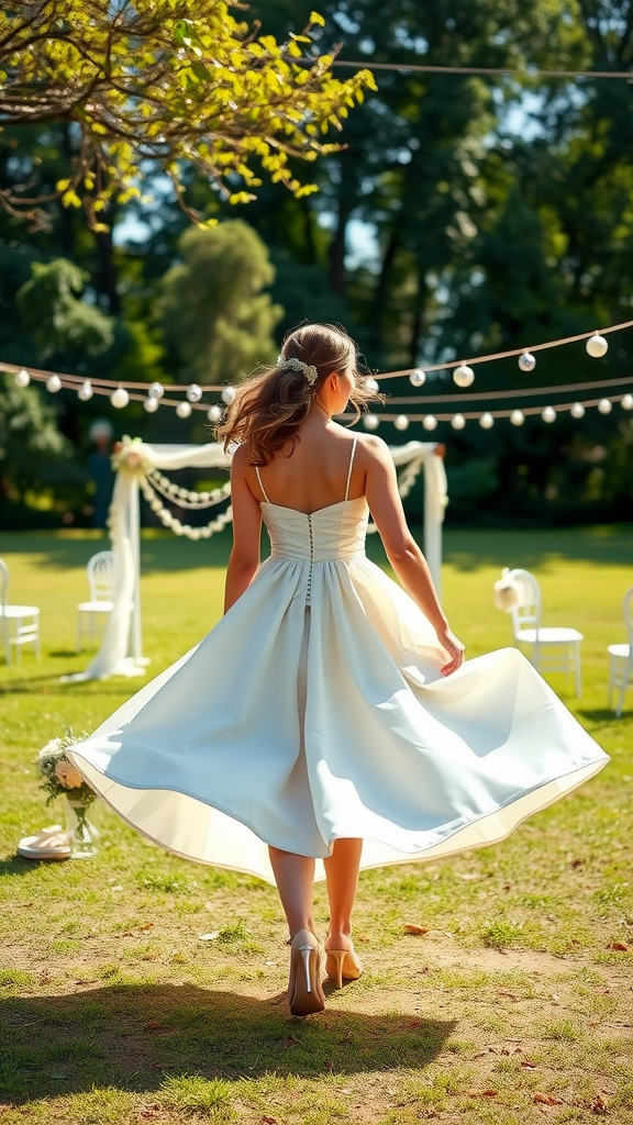 A woman in a flirty tea-length dress walking away from a wedding setup.