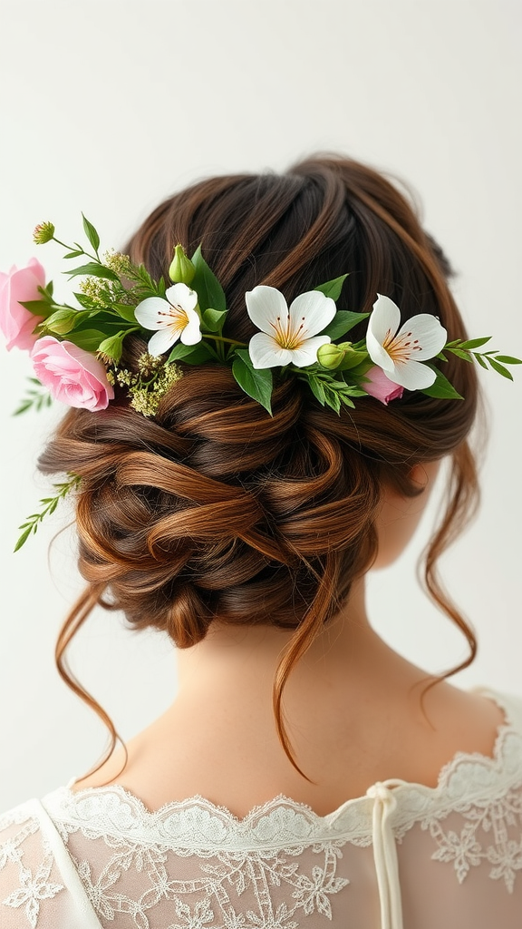 A close-up of a woman's hair styled in an elegant updo with pink roses and white flowers.