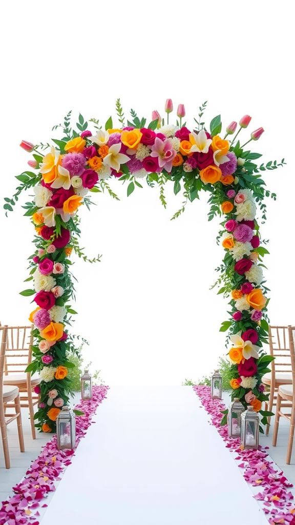 A colorful floral archway with various flowers and greenery, set up for a wedding ceremony, with a white aisle and lanterns on the sides.