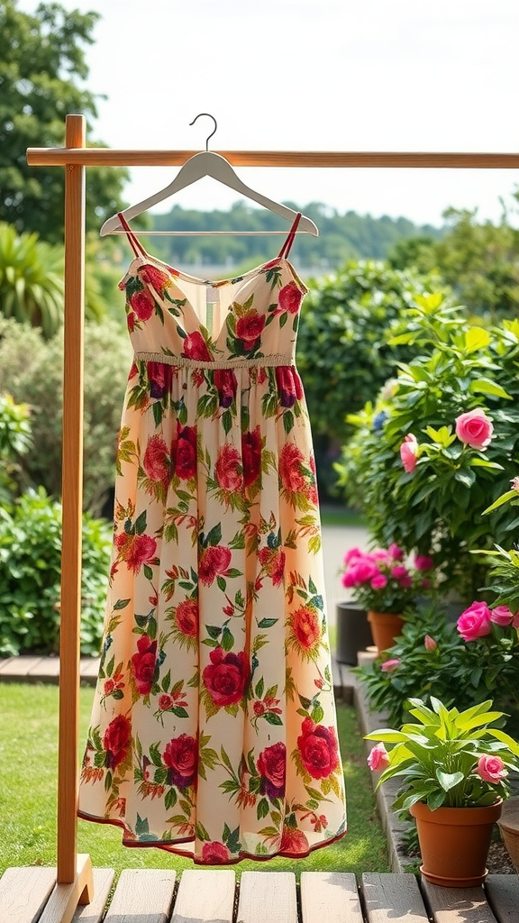 Floral maxi dress hanging in a garden setting