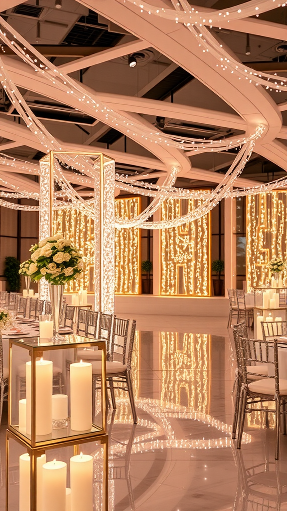 A beautifully lit wedding venue with glimmering LED lights and elegant decor.