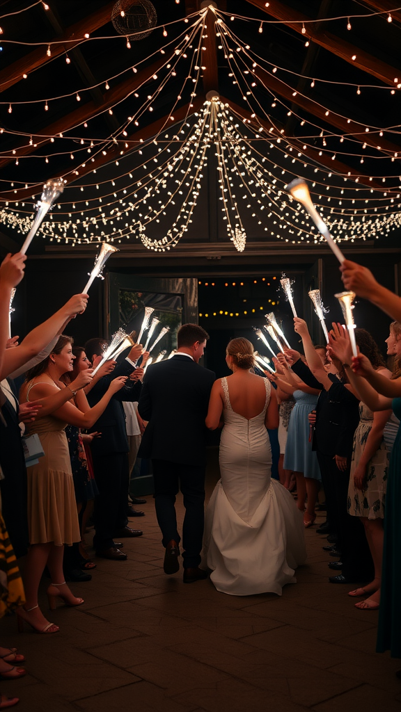 Newlyweds celebrating their exit under twinkling lights and surrounded by guests holding light wands.