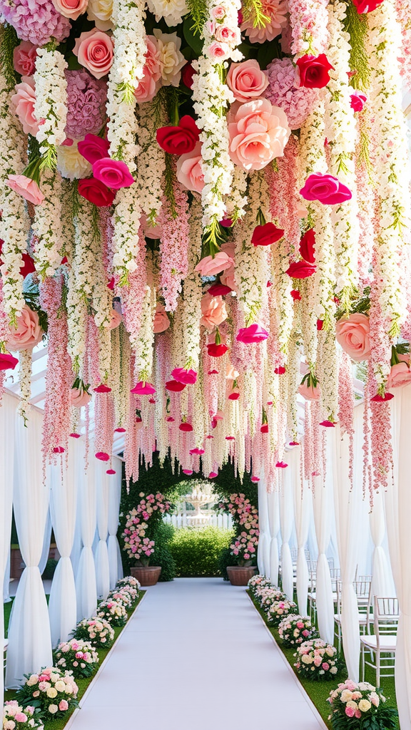 A beautifully decorated wedding entrance with hanging floral installations featuring pink and white flowers.