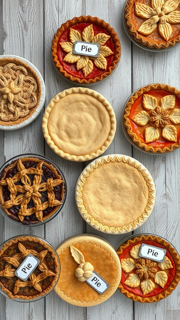 A variety of homemade pies displayed on a wooden table with decorative crusts.