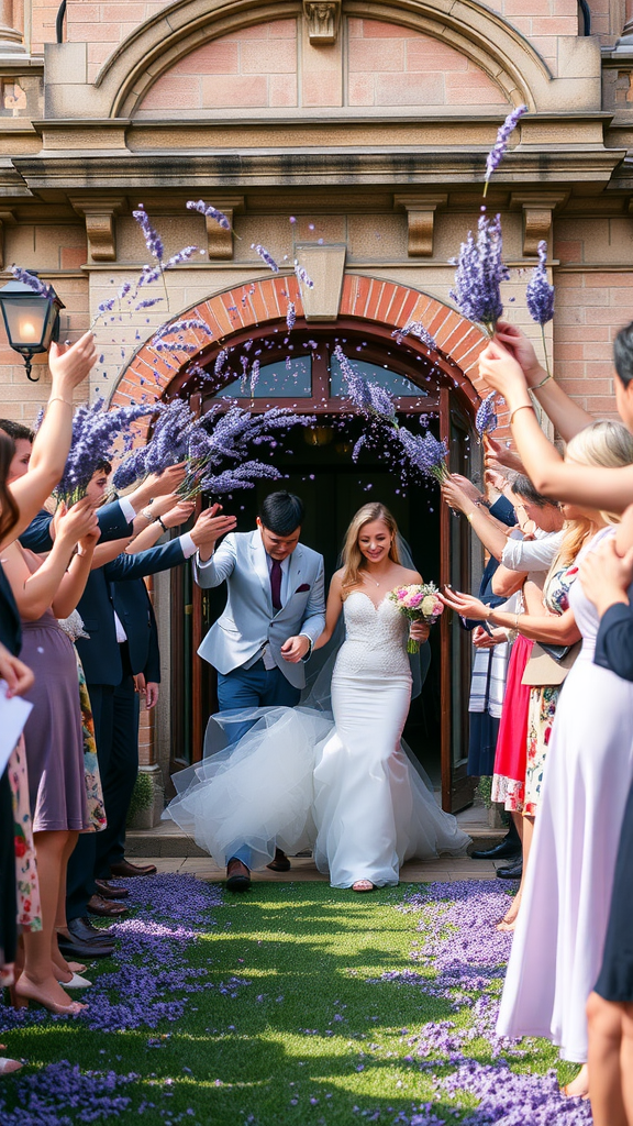 A couple joyfully exiting their wedding venue while guests toss lavender petals around them.