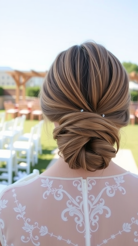 A woman with a low chignon hairstyle, showcasing elegant twists and subtle hair accessories, standing in a wedding setting.