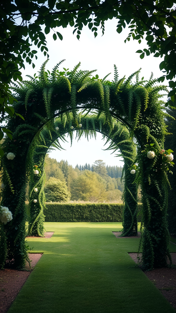 A lush greenery archway adorned with ferns and white flowers, leading to a grassy path.